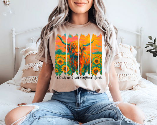 He Leads Me Besides Sunflower Fields - Tee