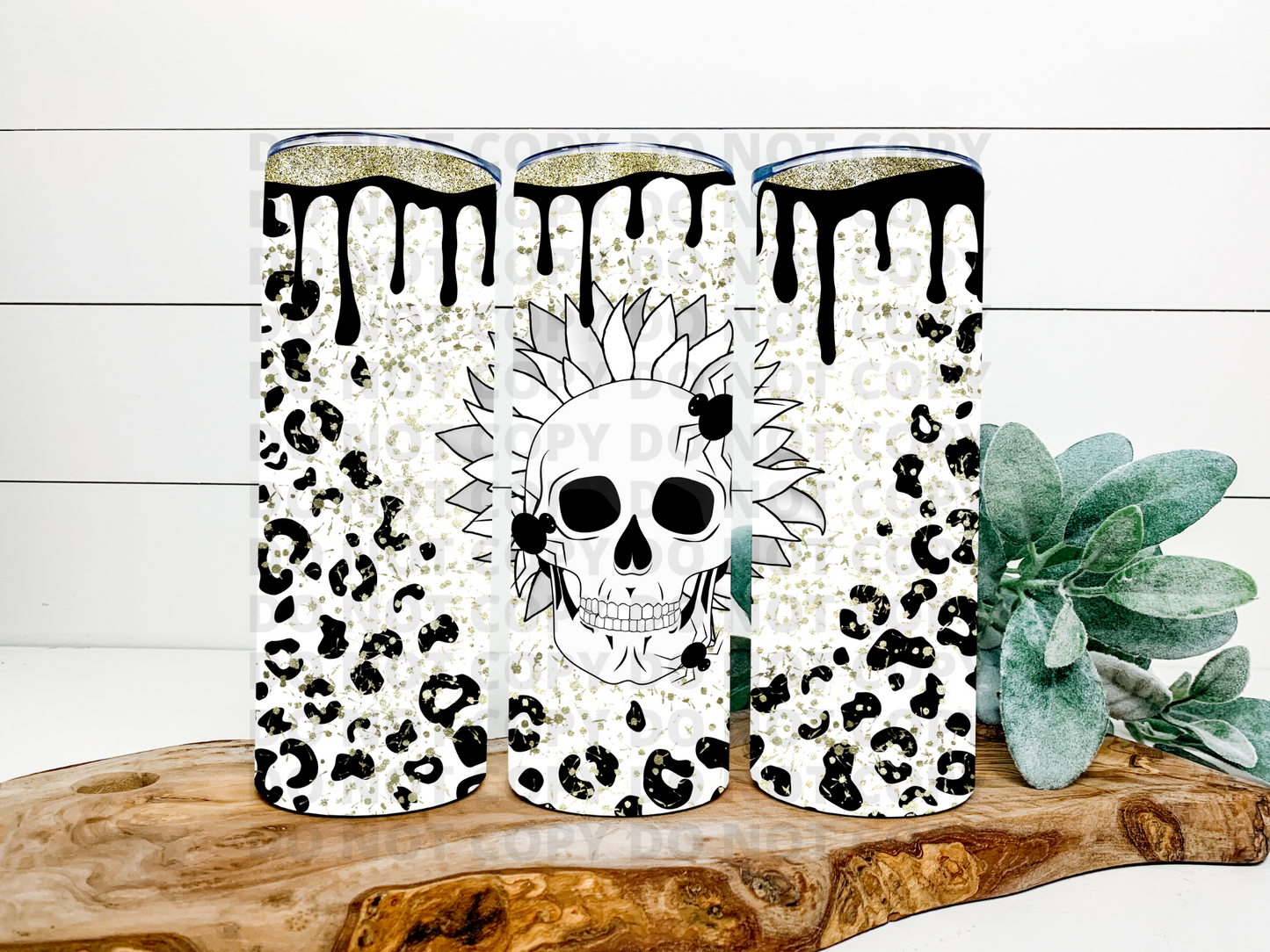 White Sunflower Leopard Skull Stainless Steel Tumbler