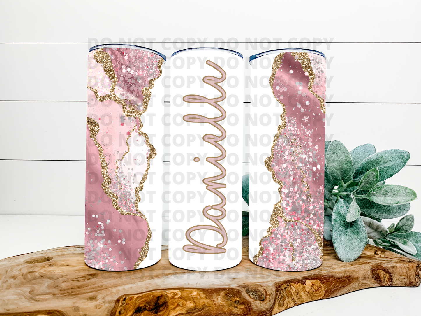 Pink Agate Gold Glitter Name Stainless Steel Tumbler