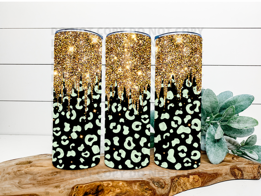 Gold Glitter & White Leopard Stainless Steel Tumbler