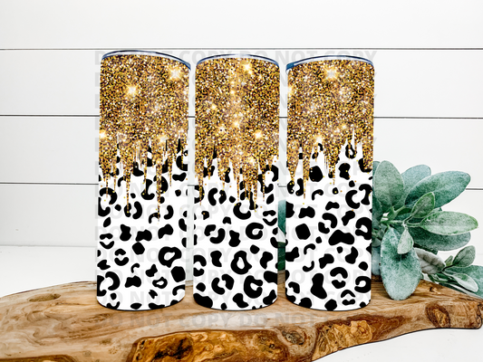Gold Glitter & Black Leopard Stainless Steel Tumbler