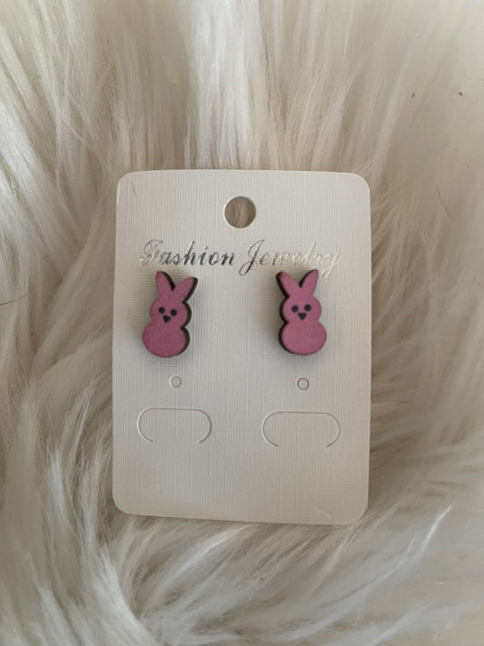 Pink Bunny Wood Earrings