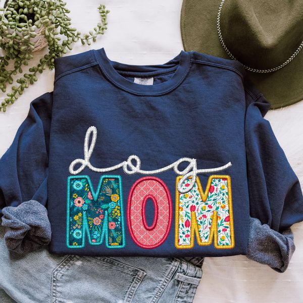 Dog Mom Faux Embroidery NAVY - Sweatshirt