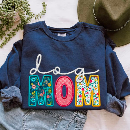 Dog Mom Faux Embroidery NAVY - Sweatshirt