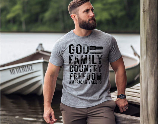 God Family Country Freedom American Values - Black - Tee