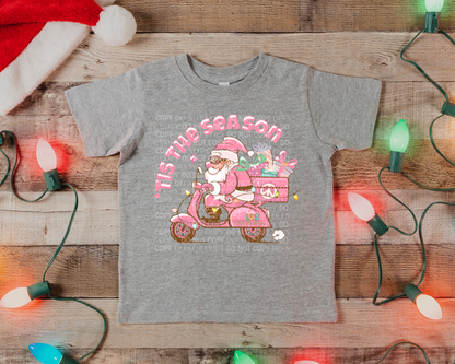 Tis The Season Santa Scooter Pink - Youth Tee