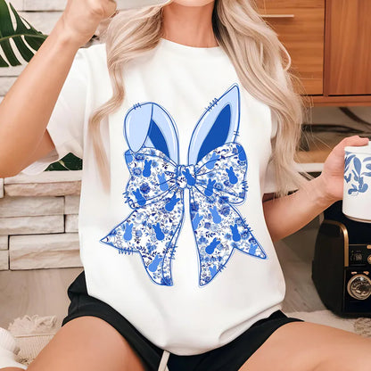 Blue Floral Chinoiserie Bunny Bow: Easter - Tee
