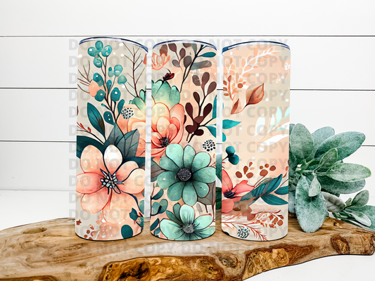 Soft Peach & Teal Floral Tumbler